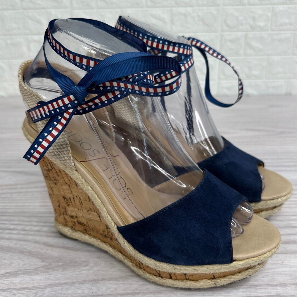Sole Society Sena Espadrille Wedge Sandals 6.5 Navy Kid Suede Canvas Ankle Strap